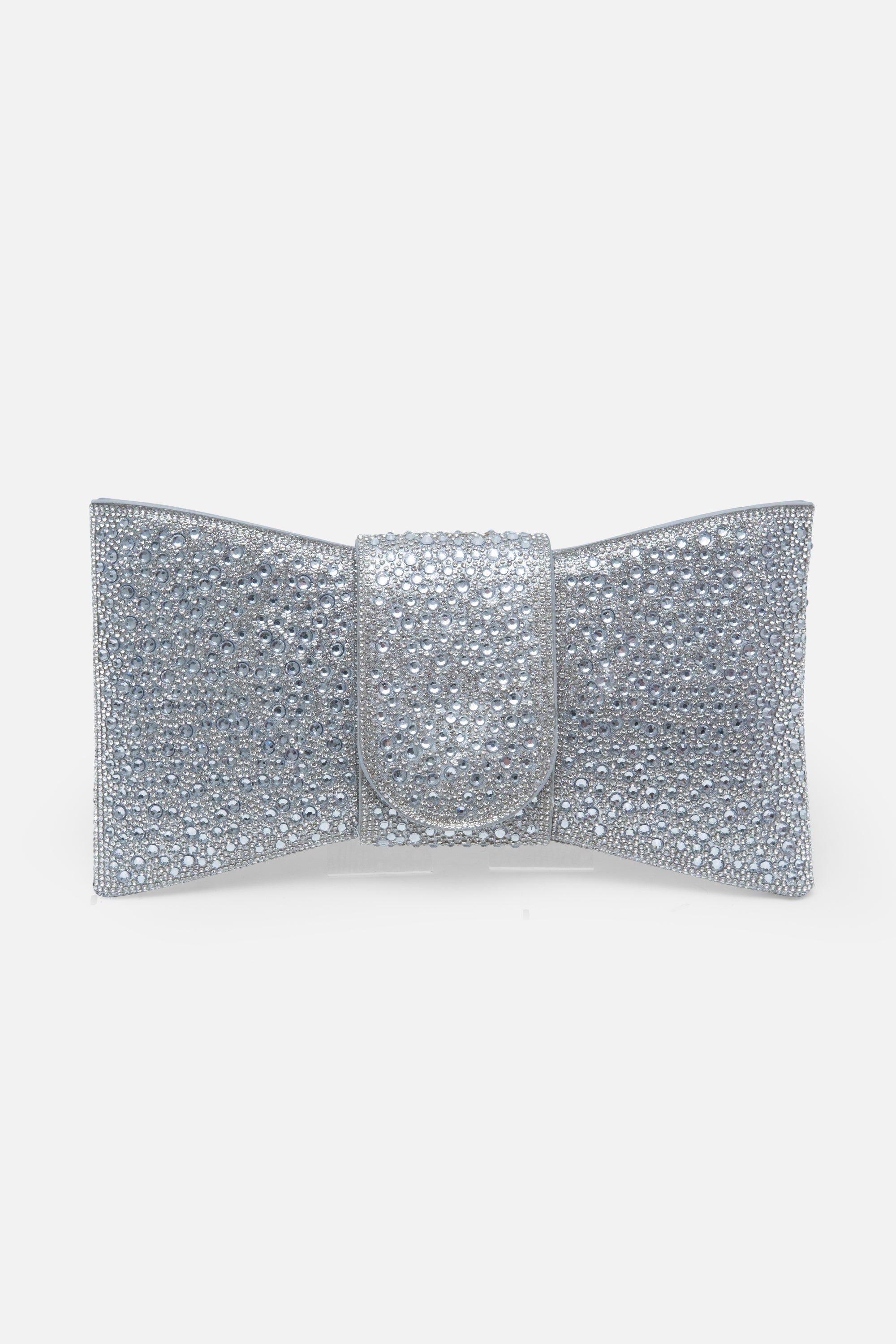 Crystal Luxe Bow Clutch Bag Silver, featuring removable chain strap