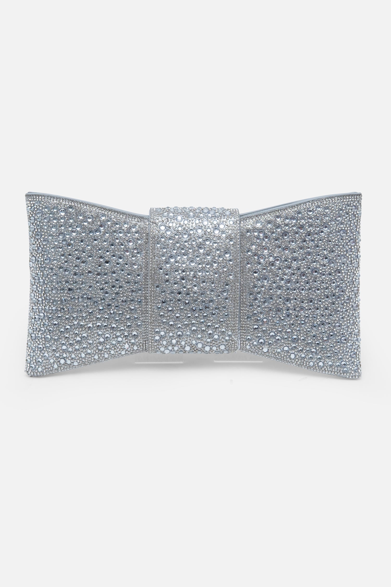 Crystal Luxe Bow Clutch Bag Silver, featuring measurements - Height 14.5 cm, Length 25.5 cm, Width 3 cm