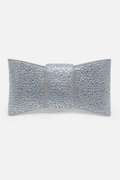 Crystal Luxe Bow Clutch Bag Silver, featuring measurements - Height 14.5 cm, Length 25.5 cm, Width 3 cm