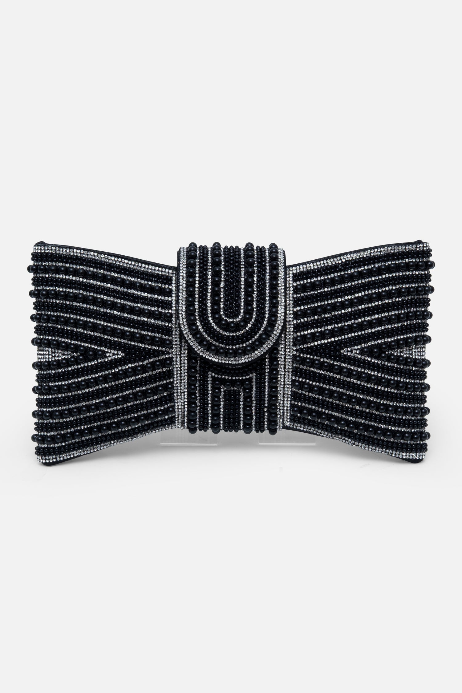 Sparkly Pearl Bow Clutch Bag Black, featuring magnetic flap closure