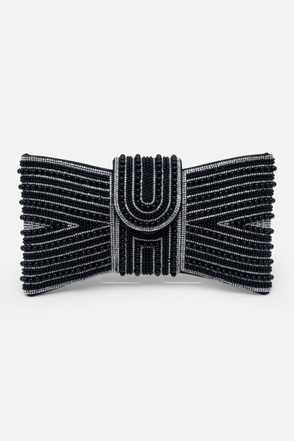 Sparkly Pearl Bow Clutch Bag Black, featuring magnetic flap closure