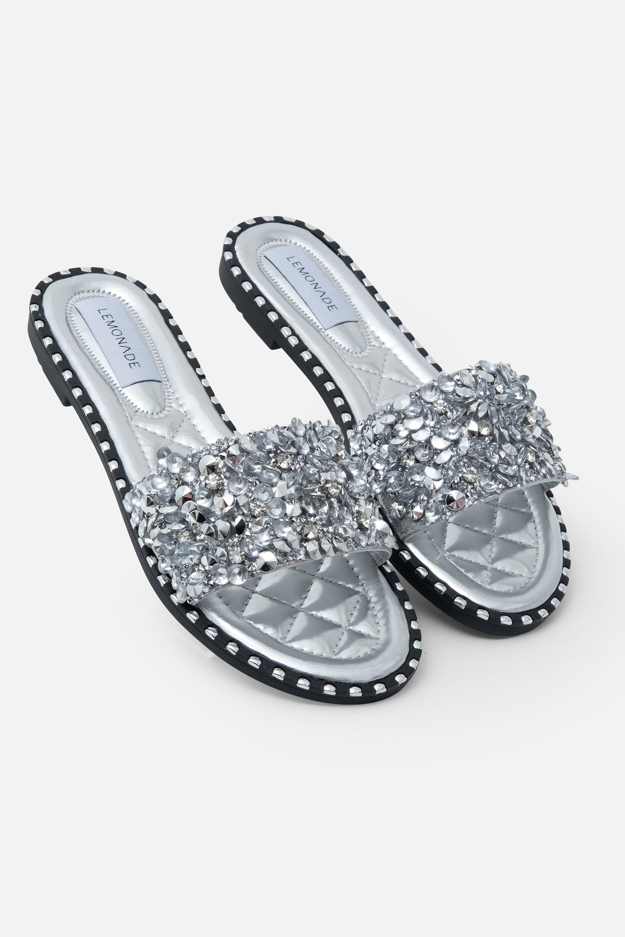 Crystal Clustered Sliders Silver, featuring flat Sole
