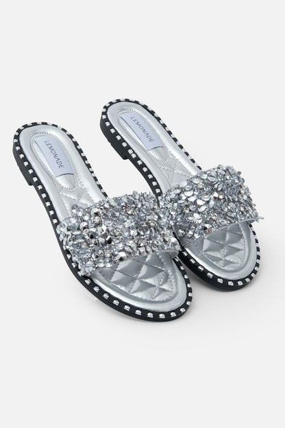 Crystal Clustered Sliders Silver, featuring flat Sole