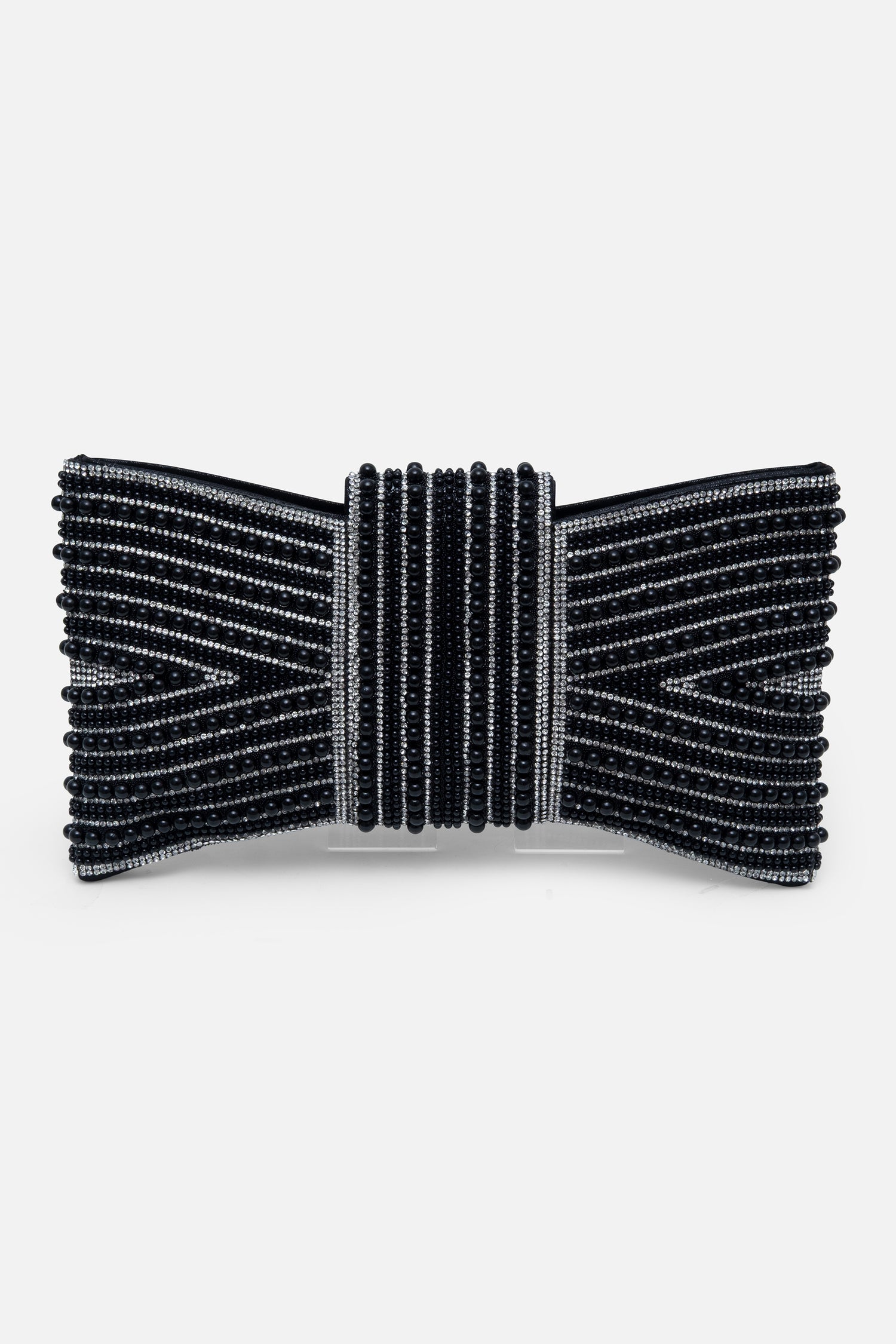 Sparkly Pearl Bow Clutch Bag Black, featuring detachable silver chain strap