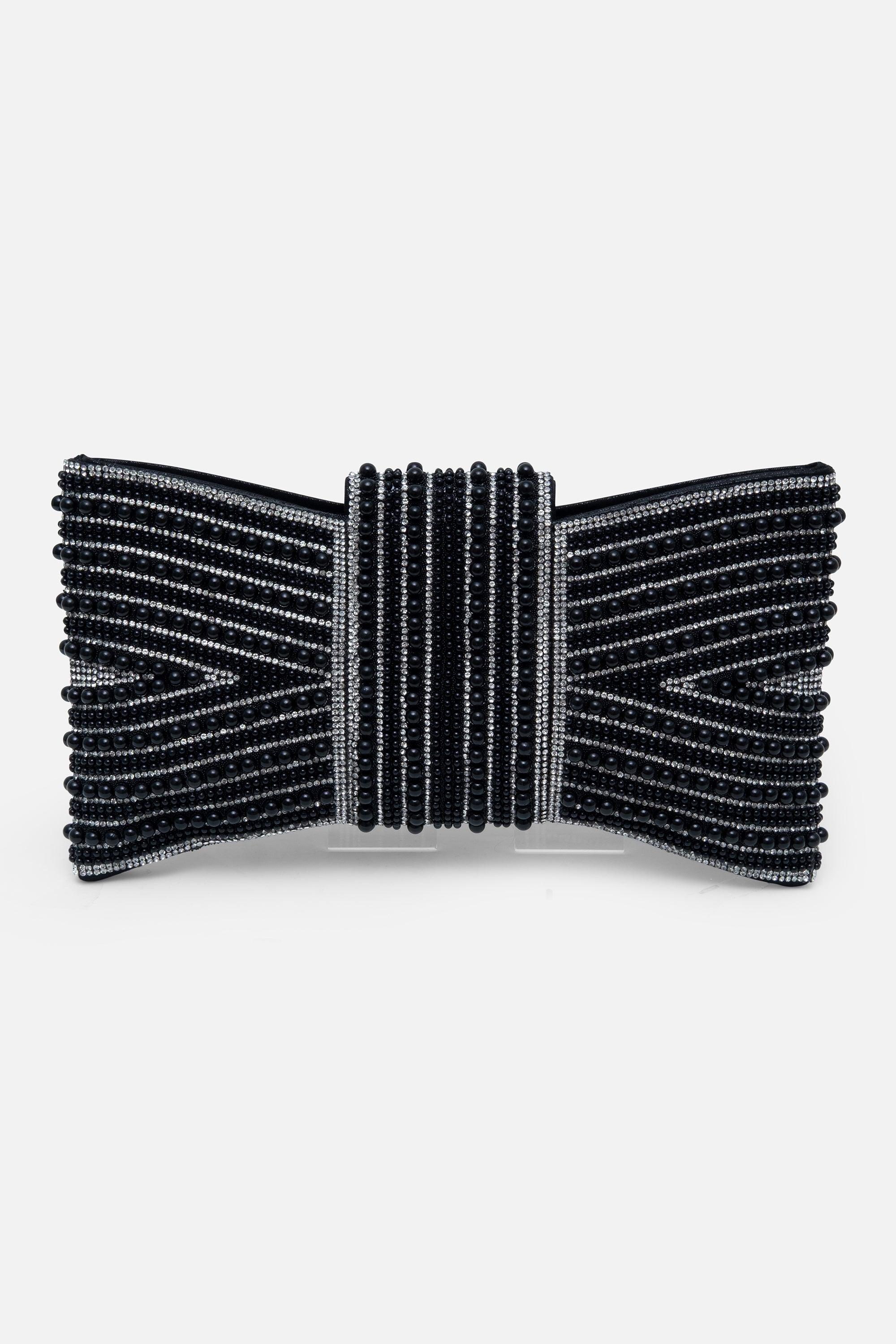 Sparkly Pearl Bow Clutch Bag Black, featuring detachable silver chain strap