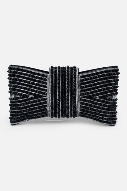 Sparkly Pearl Bow Clutch Bag Black, featuring detachable silver chain strap