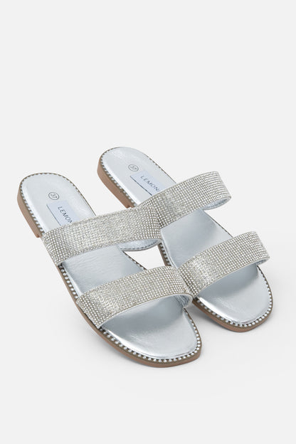 Crystal Mystic Double Strap Sliders Silver, drawing attention to crystal Embellished Straps
