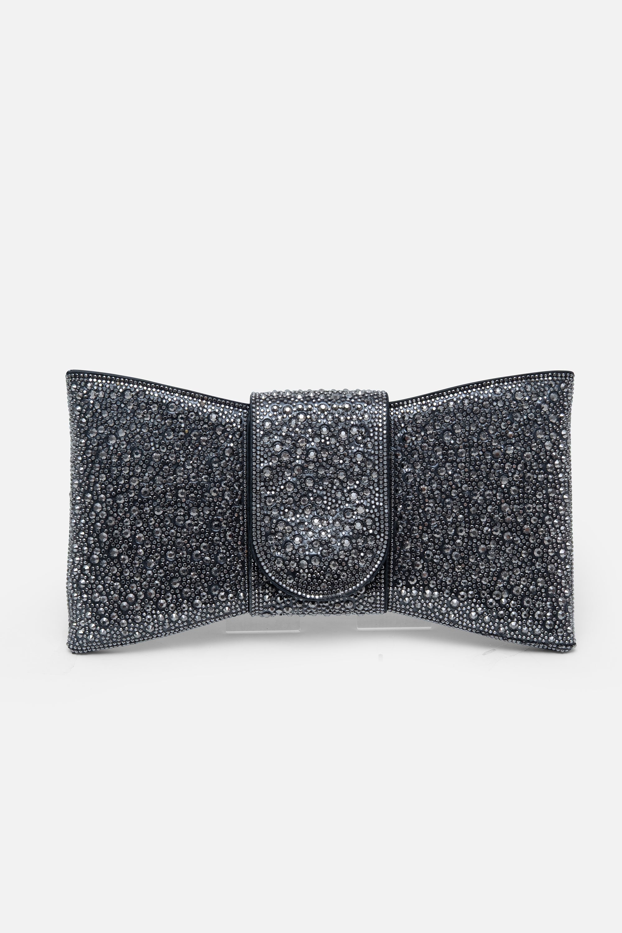 Crystal Luxe Bow Clutch Bag Black, drawing attention to magnetic flap fastening