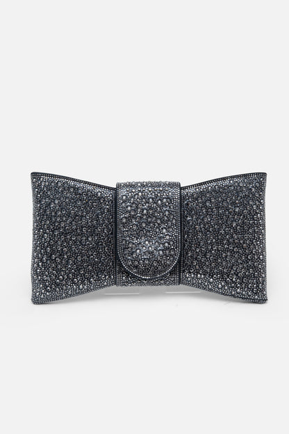 Crystal Luxe Bow Clutch Bag Black, drawing attention to magnetic flap fastening