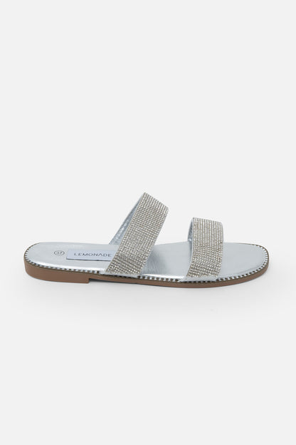 Crystal Mystic Double Strap Sliders Silver, with emphasis on double strap design