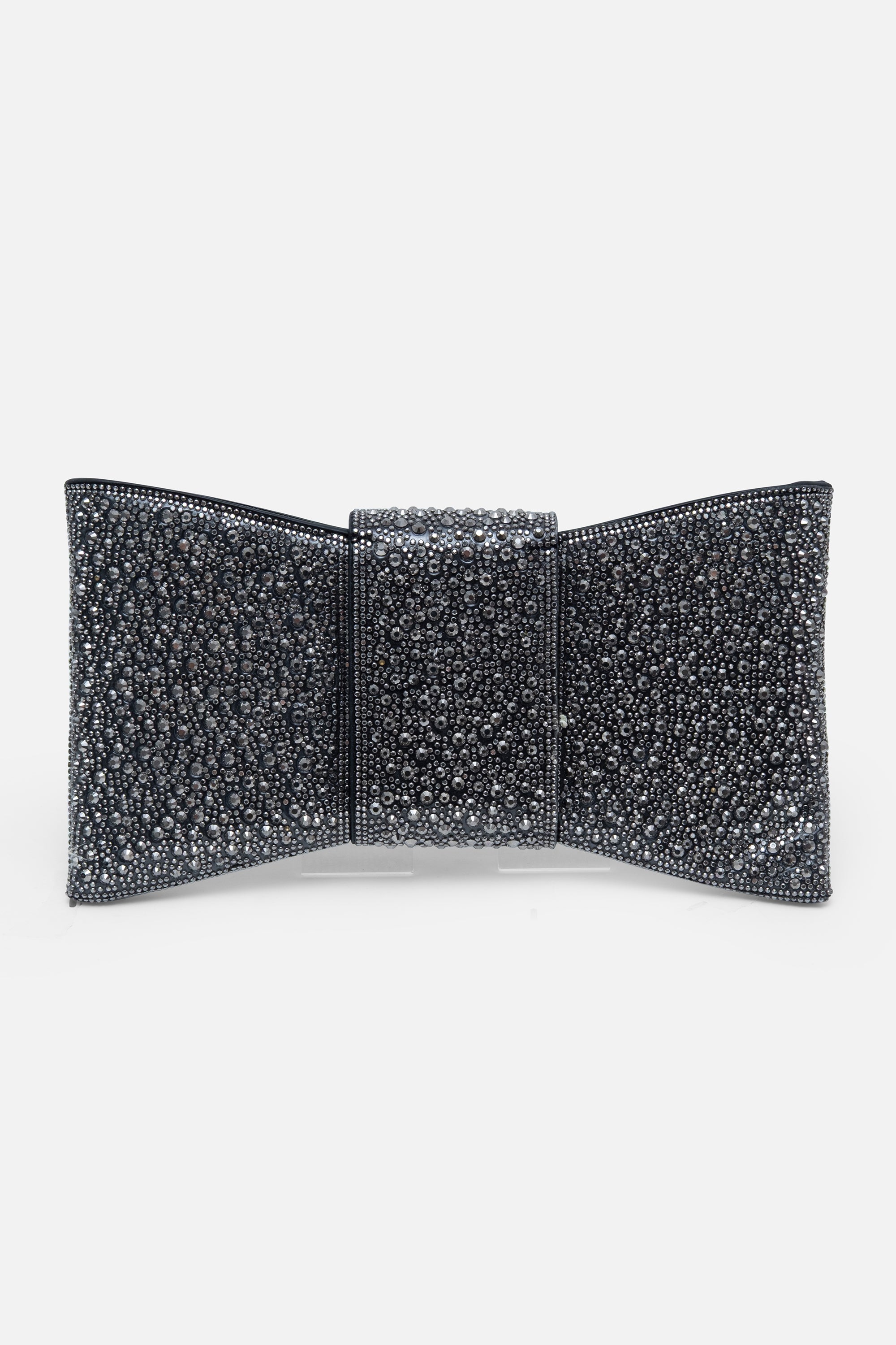 Crystal Luxe Bow Clutch Bag Black, featuring removable chain strap