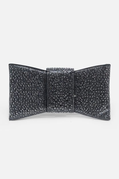 Crystal Luxe Bow Clutch Bag Black, featuring removable chain strap