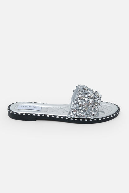 Crystal Clustered Sliders Silver, capturing rounded-Toe Design