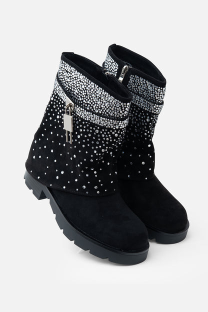 Crystal Starlight Stride Boots Black, showing wipe clean with a damp cloth; keep away from direct water exposure