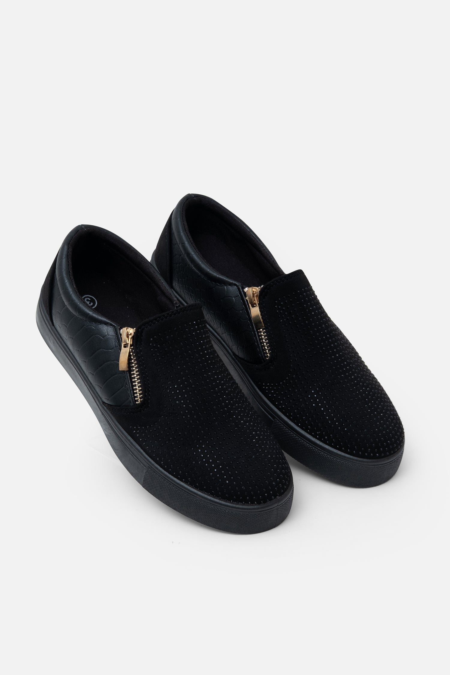 Crystal Suede Zip Pumps Black Trainers, showcasing decorative zip