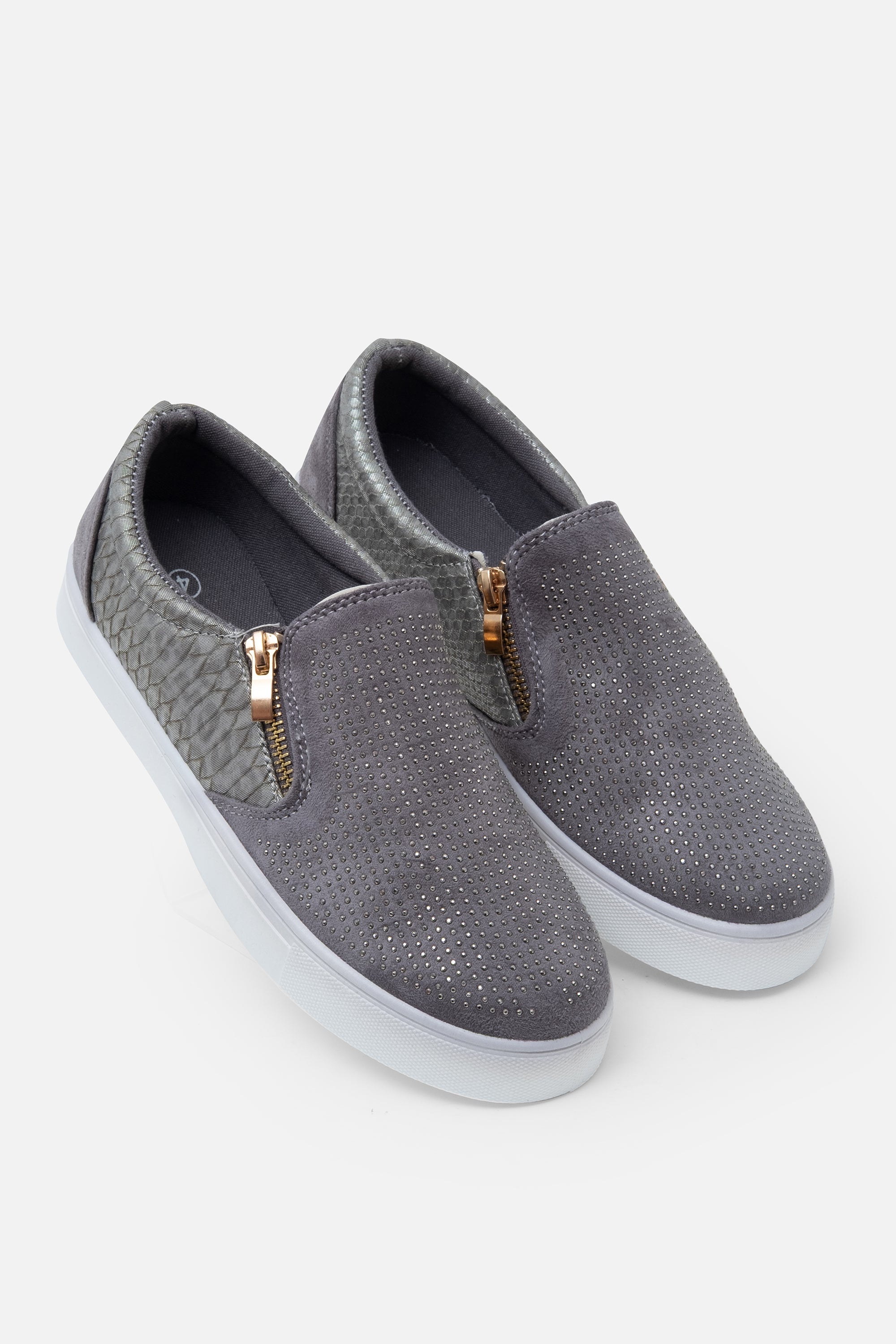 Crystal Suede Zip Pumps Grey Trainers, drawing attention to faux snakeskin and suede detail
