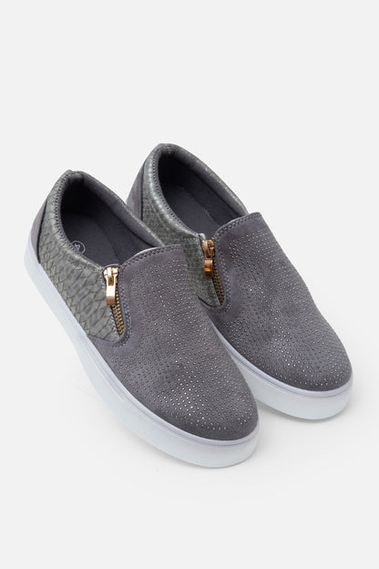 Crystal Suede Zip Pumps Grey Trainers, drawing attention to faux snakeskin and suede detail