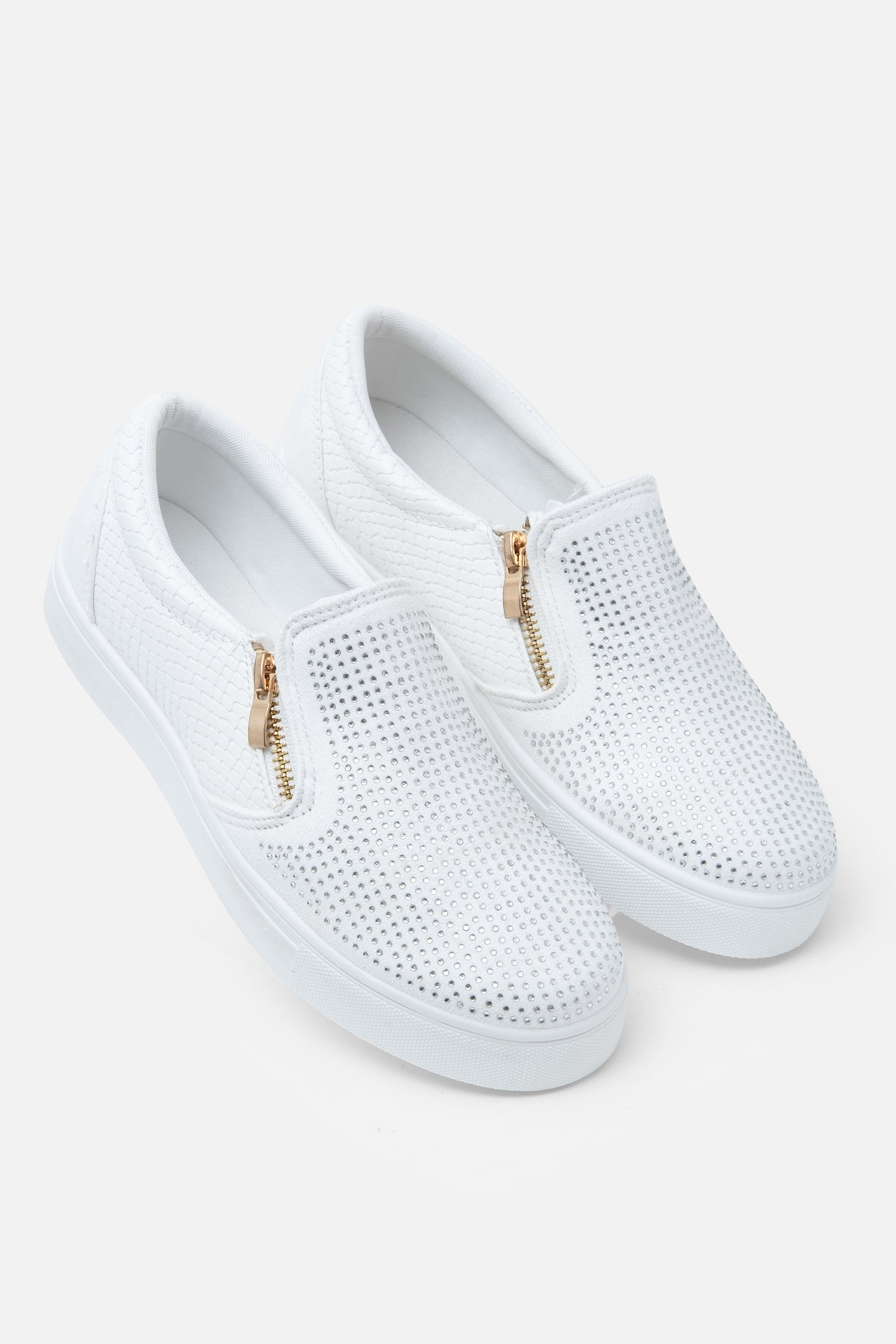 Crystal Suede Zip Pumps White Trainers, featuring crystal-embellished