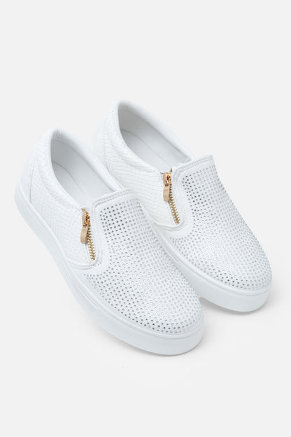 Crystal Suede Zip Pumps White Trainers, featuring crystal-embellished