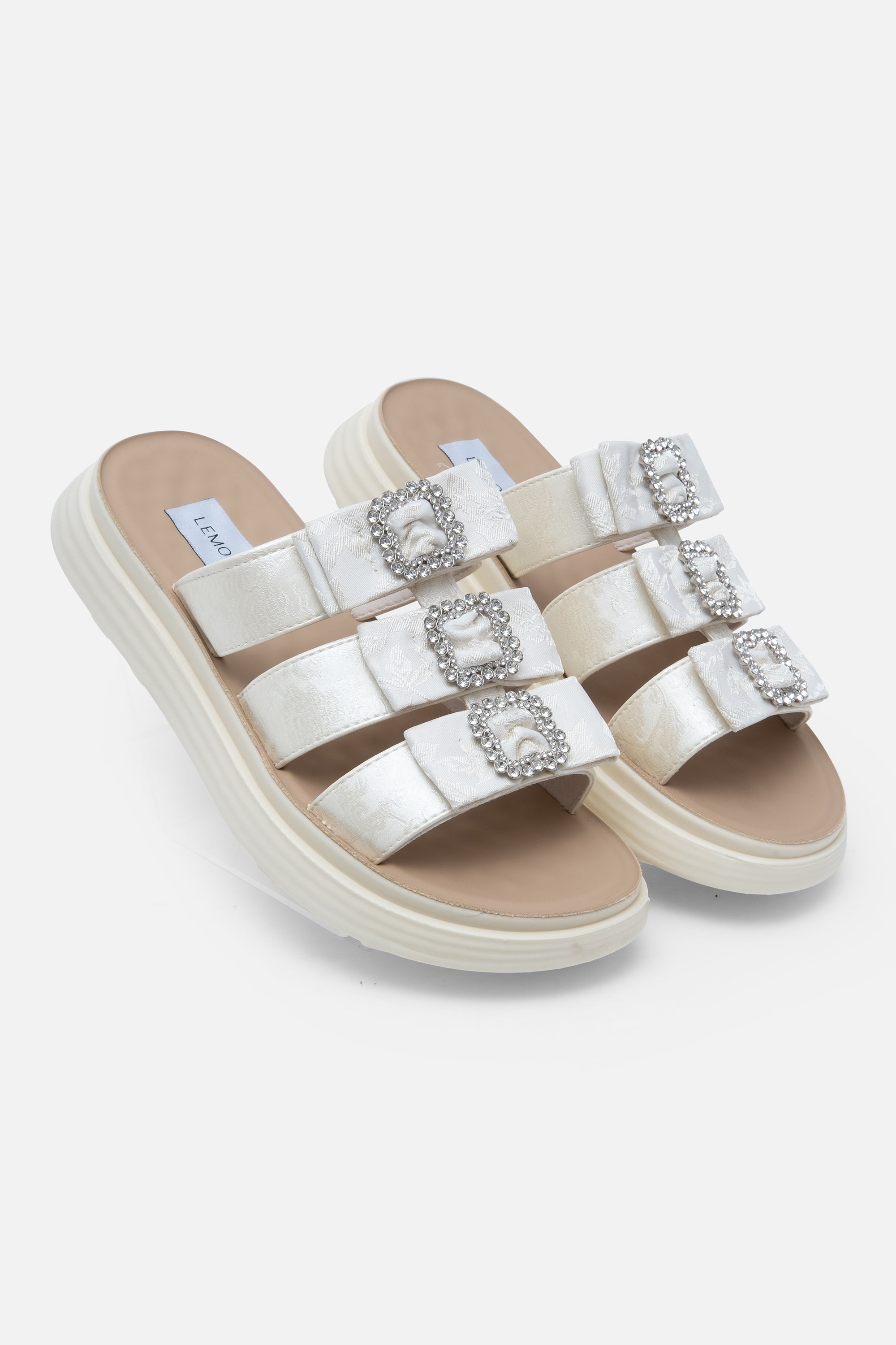 Crystal Buckle Triple Bow Sliders Beige, focused on crystal embellishment
