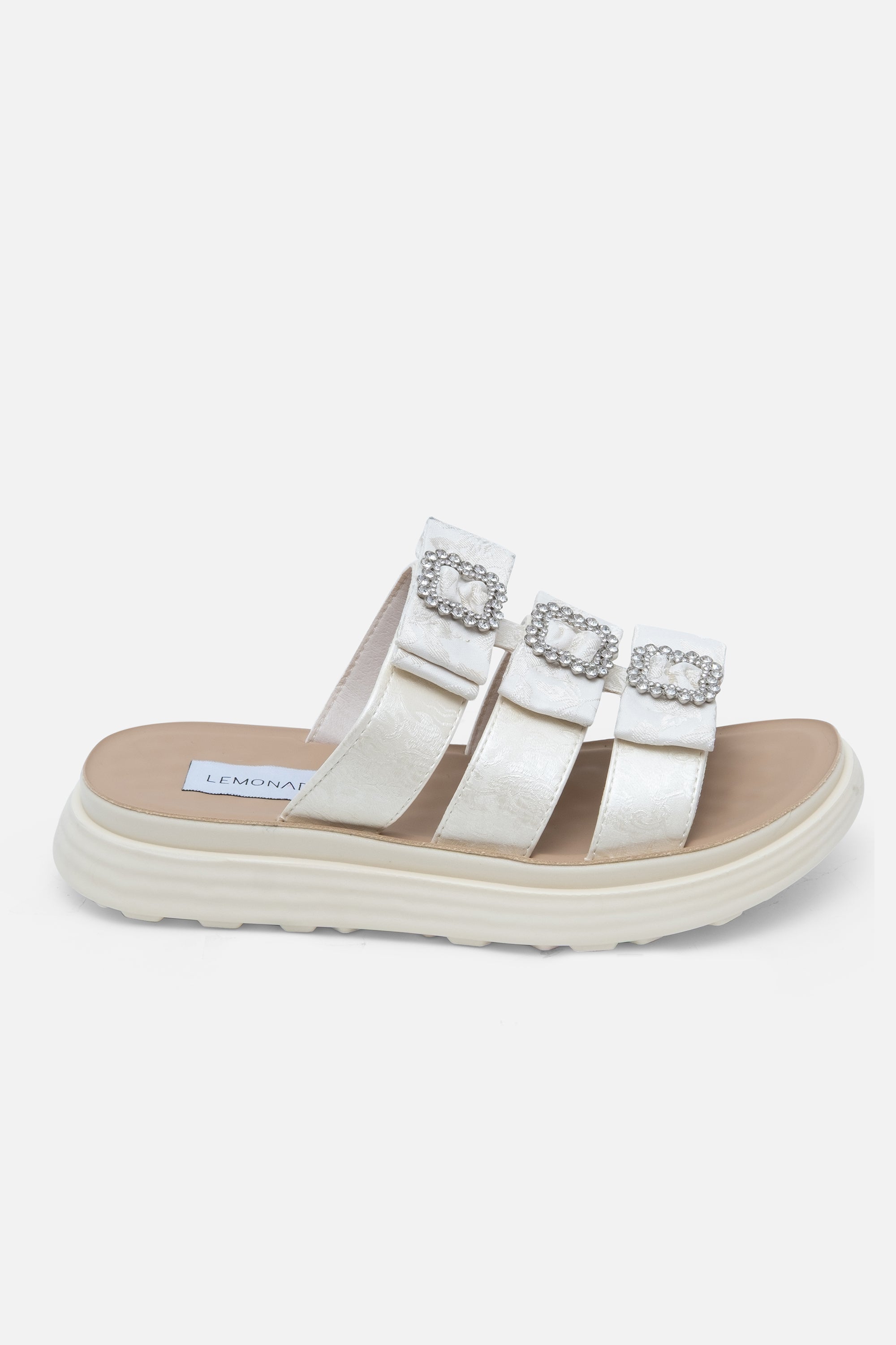 Crystal Buckle Triple Bow Sliders Beige, with emphasis on platform sole