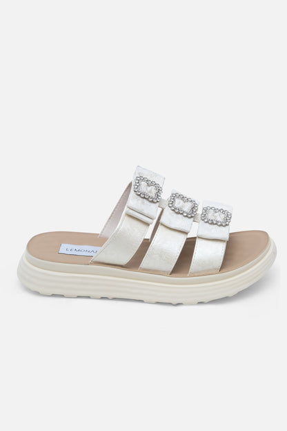 Crystal Buckle Triple Bow Sliders Beige, with emphasis on platform sole