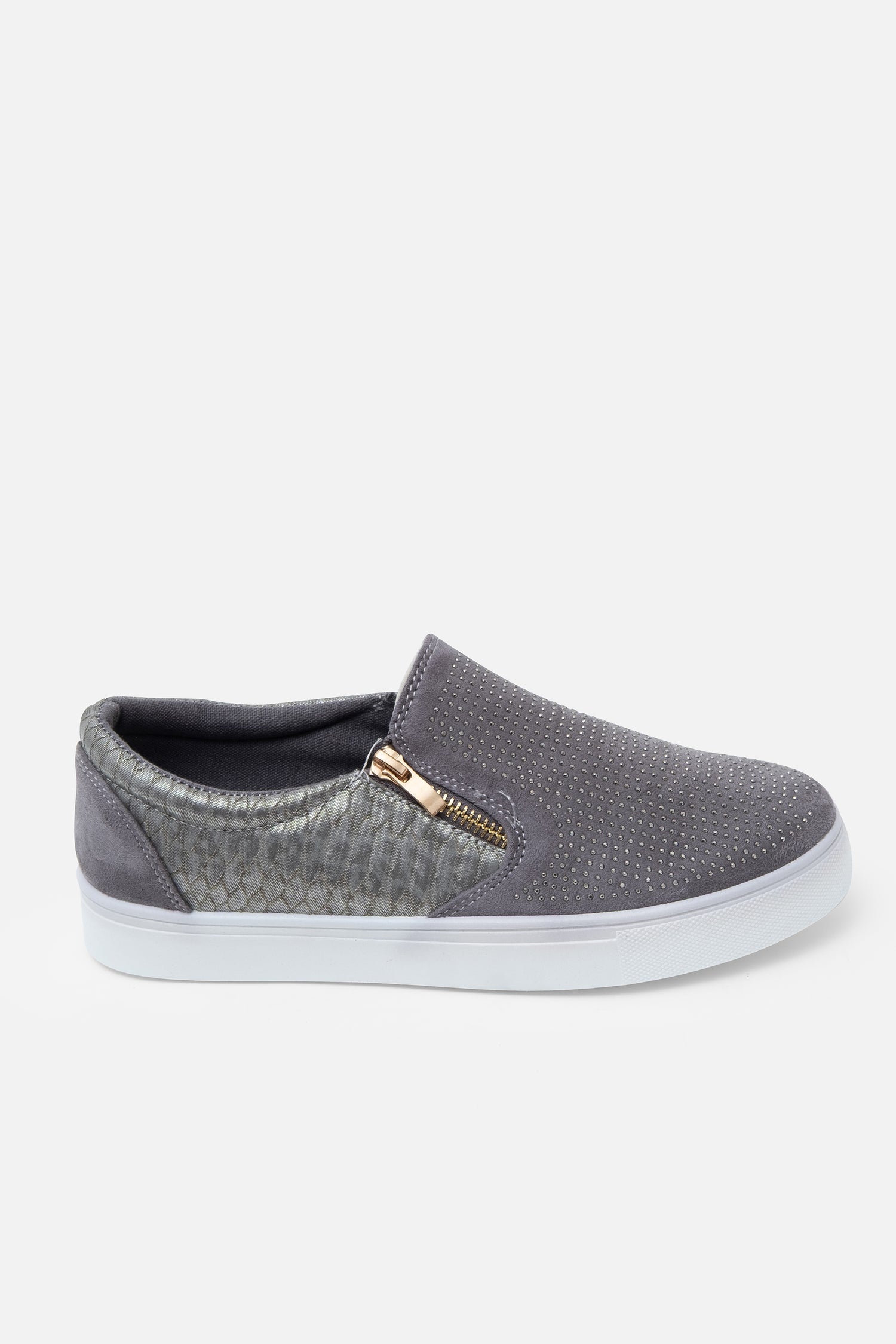 Crystal Suede Zip Pumps Grey Trainers, bringing attention to decorative zip