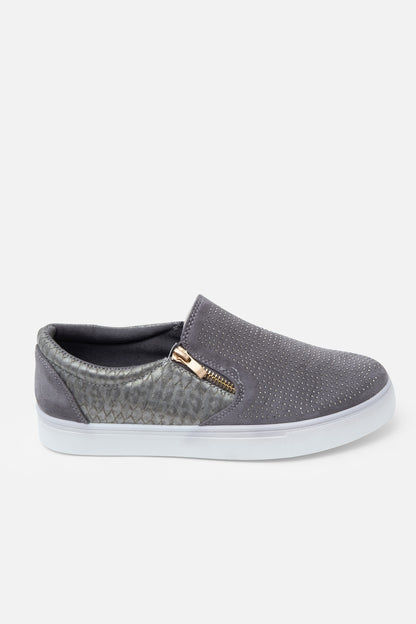 Crystal Suede Zip Pumps Grey Trainers, bringing attention to decorative zip