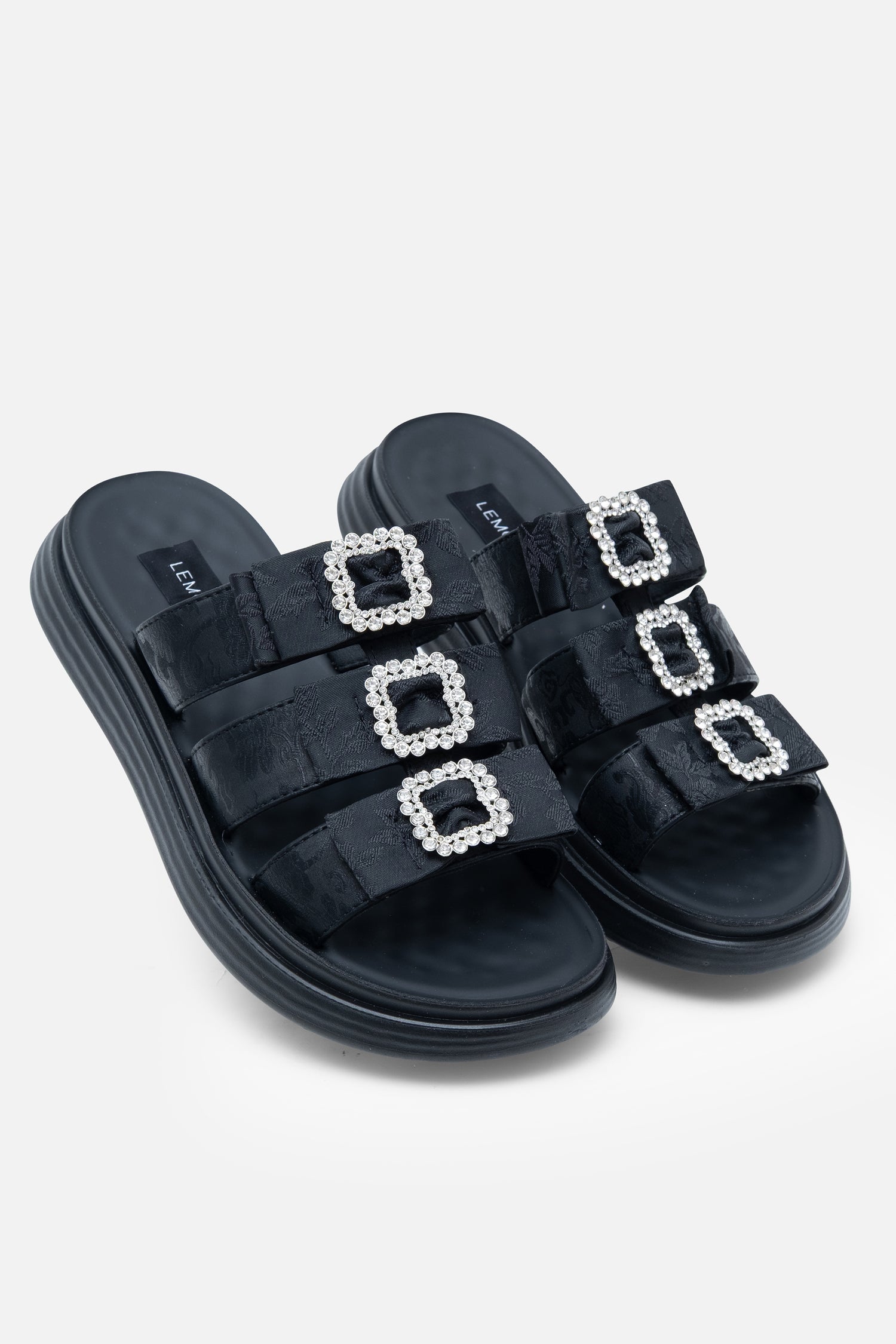 Crystal Buckle Triple Bow Sliders Black, drawing attention to crystal embellishment