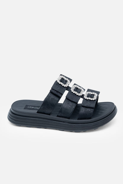 Crystal Buckle Triple Bow Sliders Black, with emphasis on platform sole