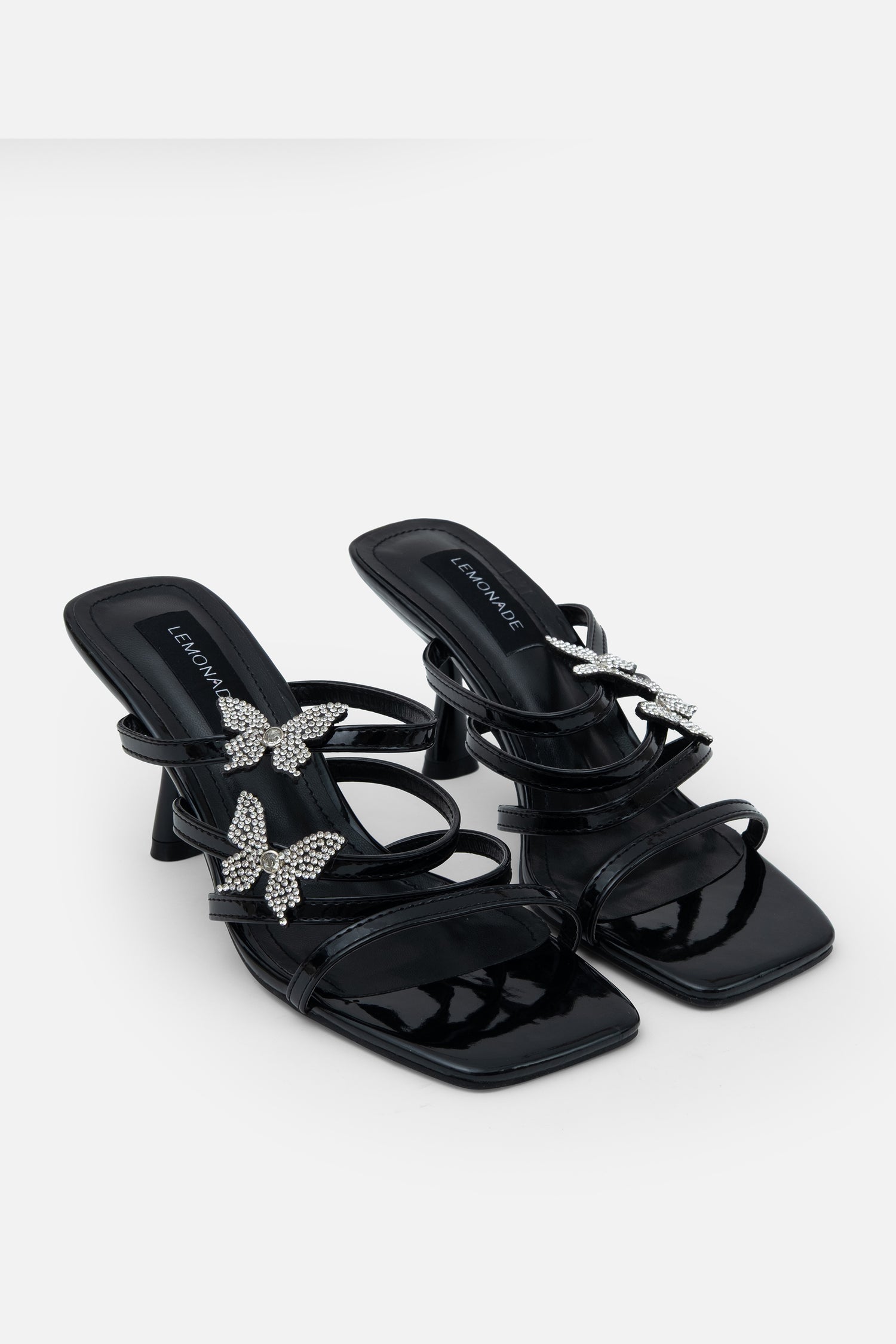 Crystal Trixie Butterfly Heels Black, featuring slip-on mule heel with open toe