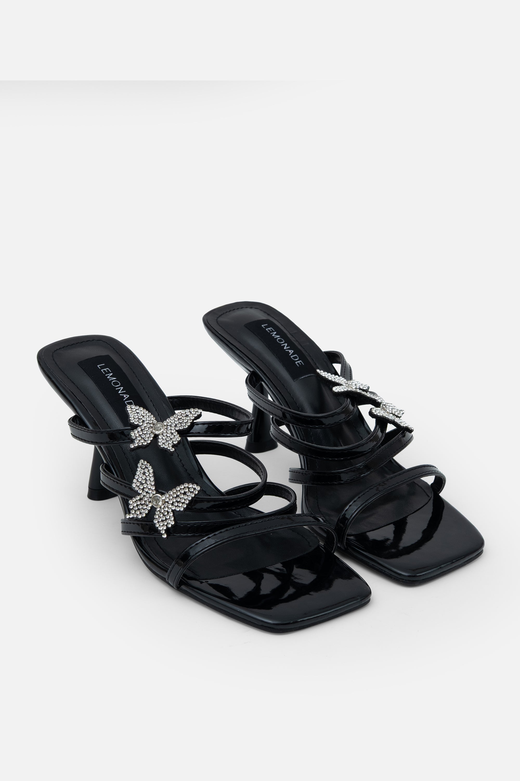 Crystal Trixie Butterfly Heels Black, featuring slip-on mule heel with open toe