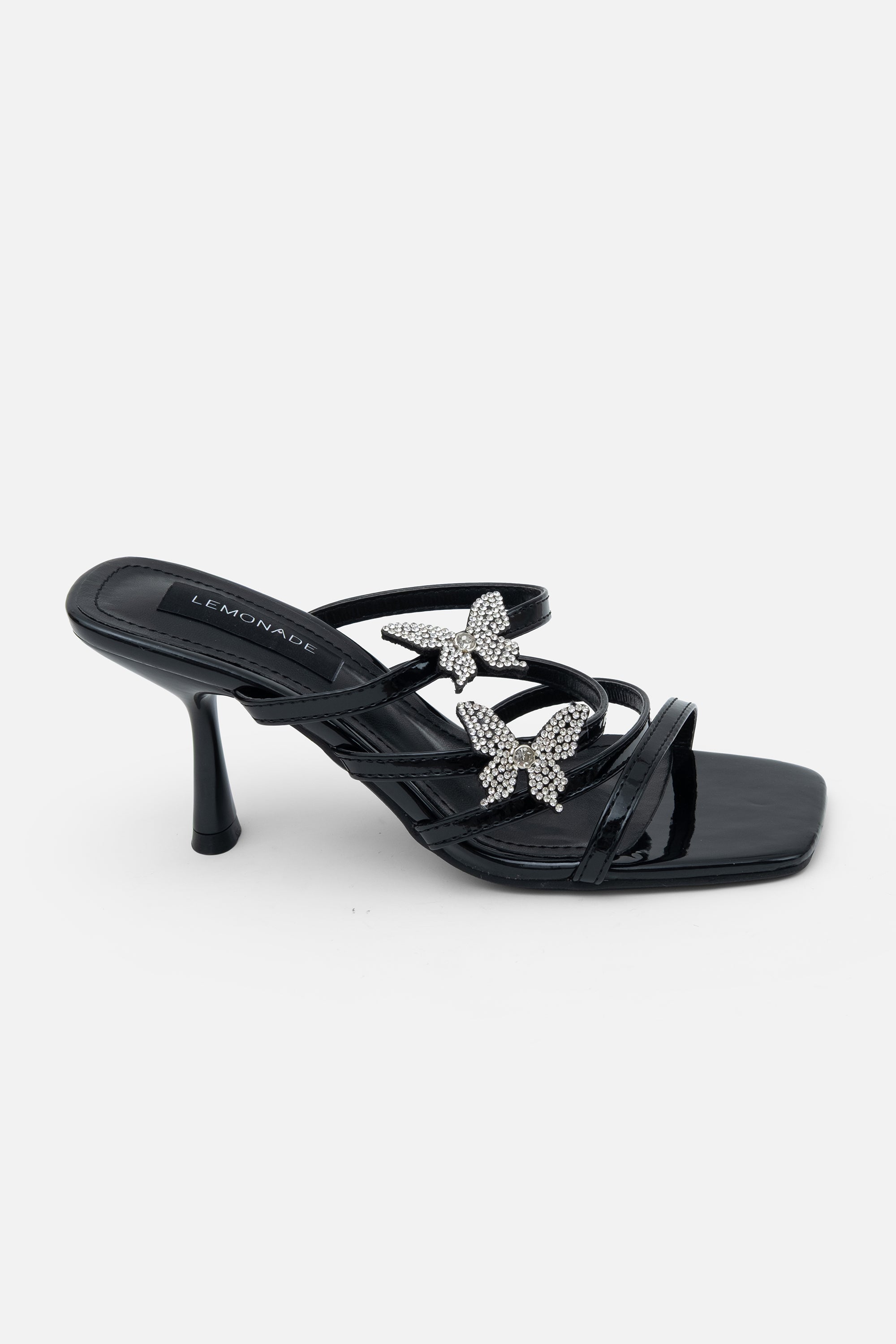 Crystal Trixie Butterfly Heels Black, showing on-trend square toe