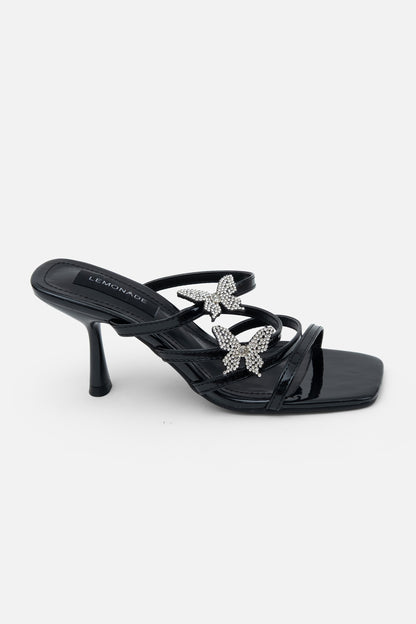 Crystal Trixie Butterfly Heels Black, showing on-trend square toe