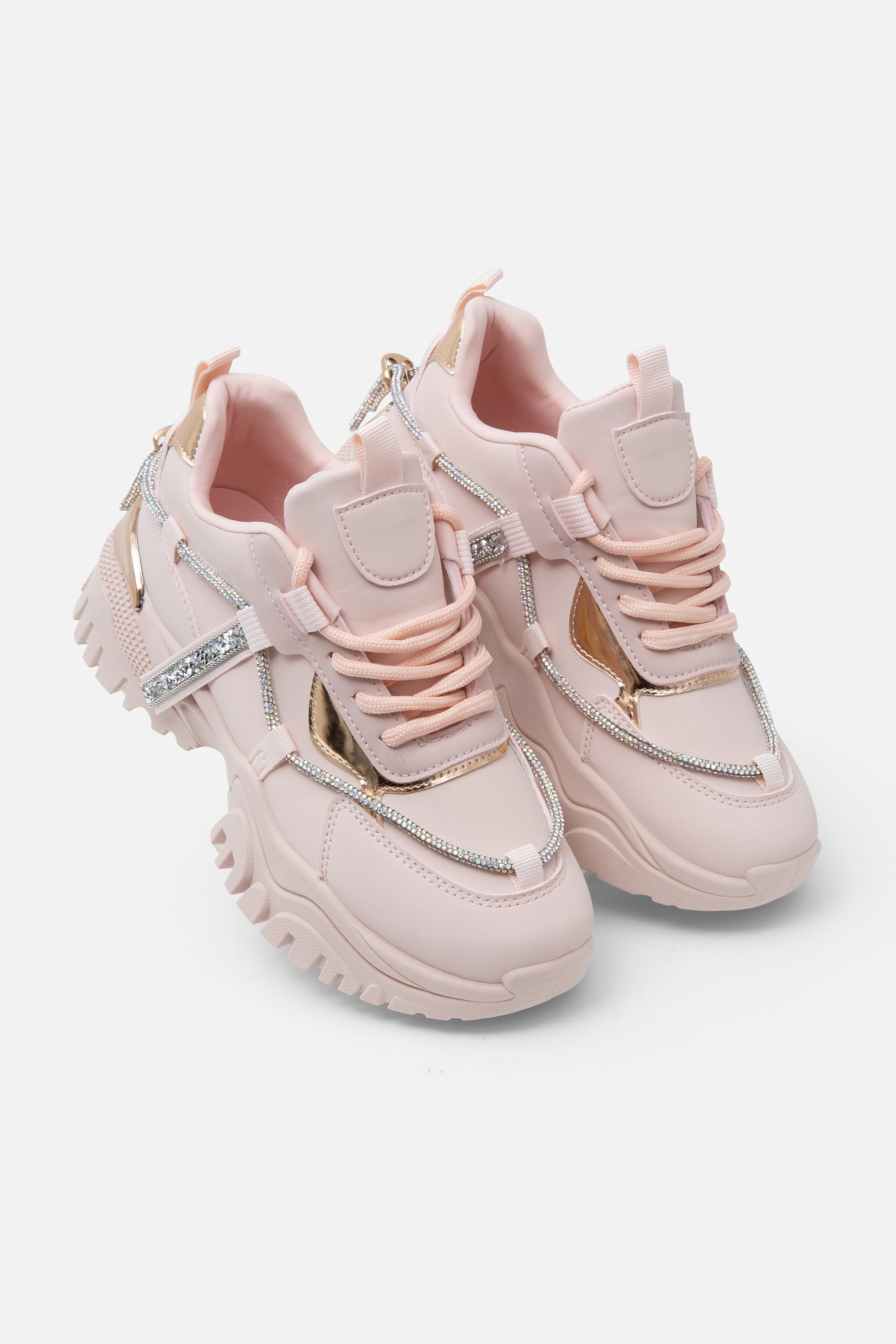 Crystal Track Luxe Chunky Trainers Baby Pink, with a closer look at the design details