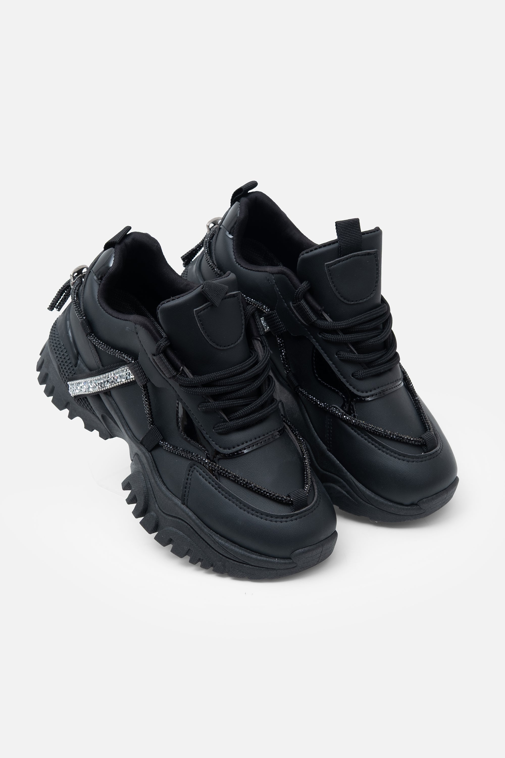 Crystal Track Luxe Chunky Trainers Black, with a closer look at the design details