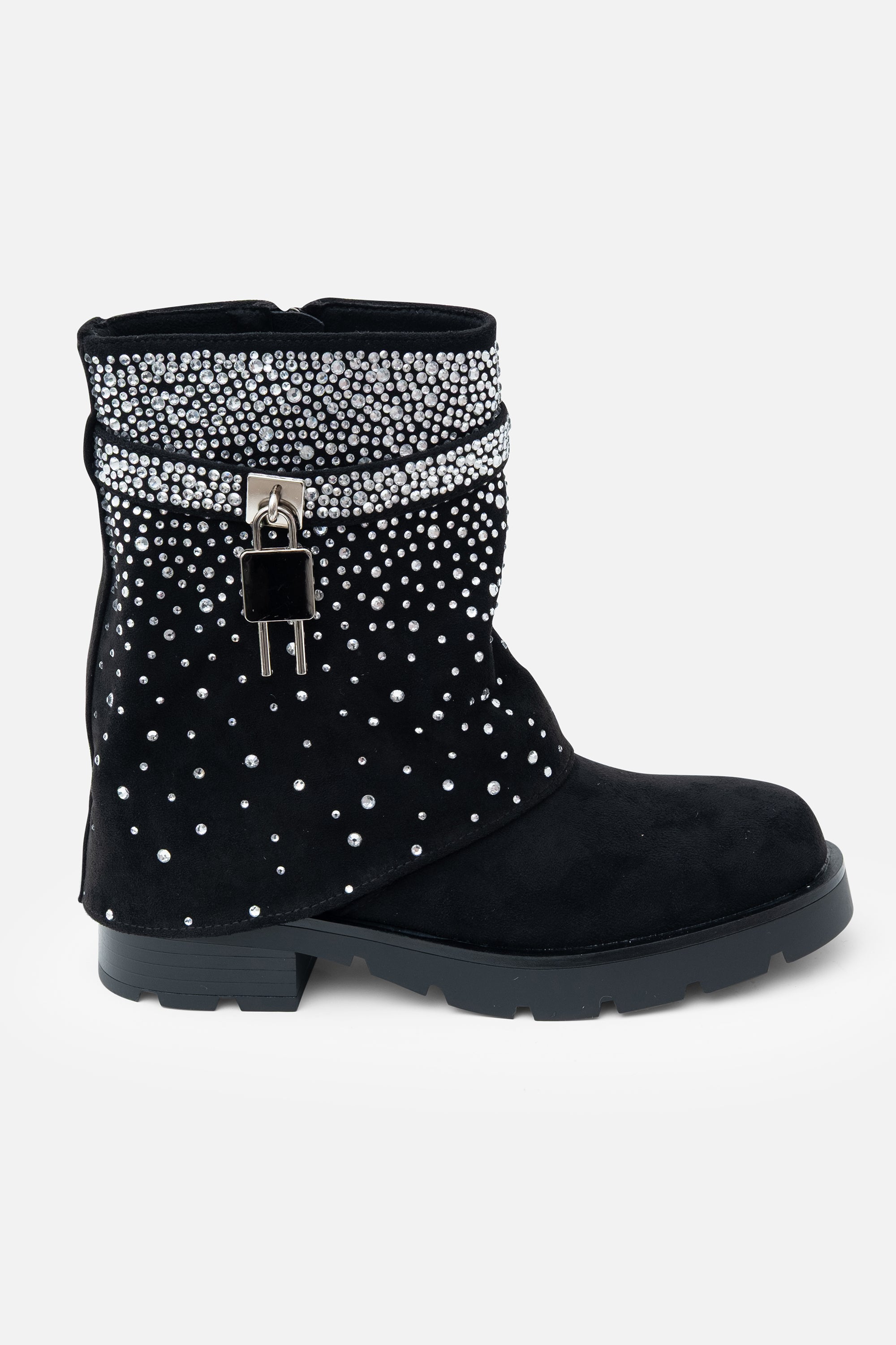 Crystal Starlight Stride Boots Black, showcasing side zipper with decorative lock buckle