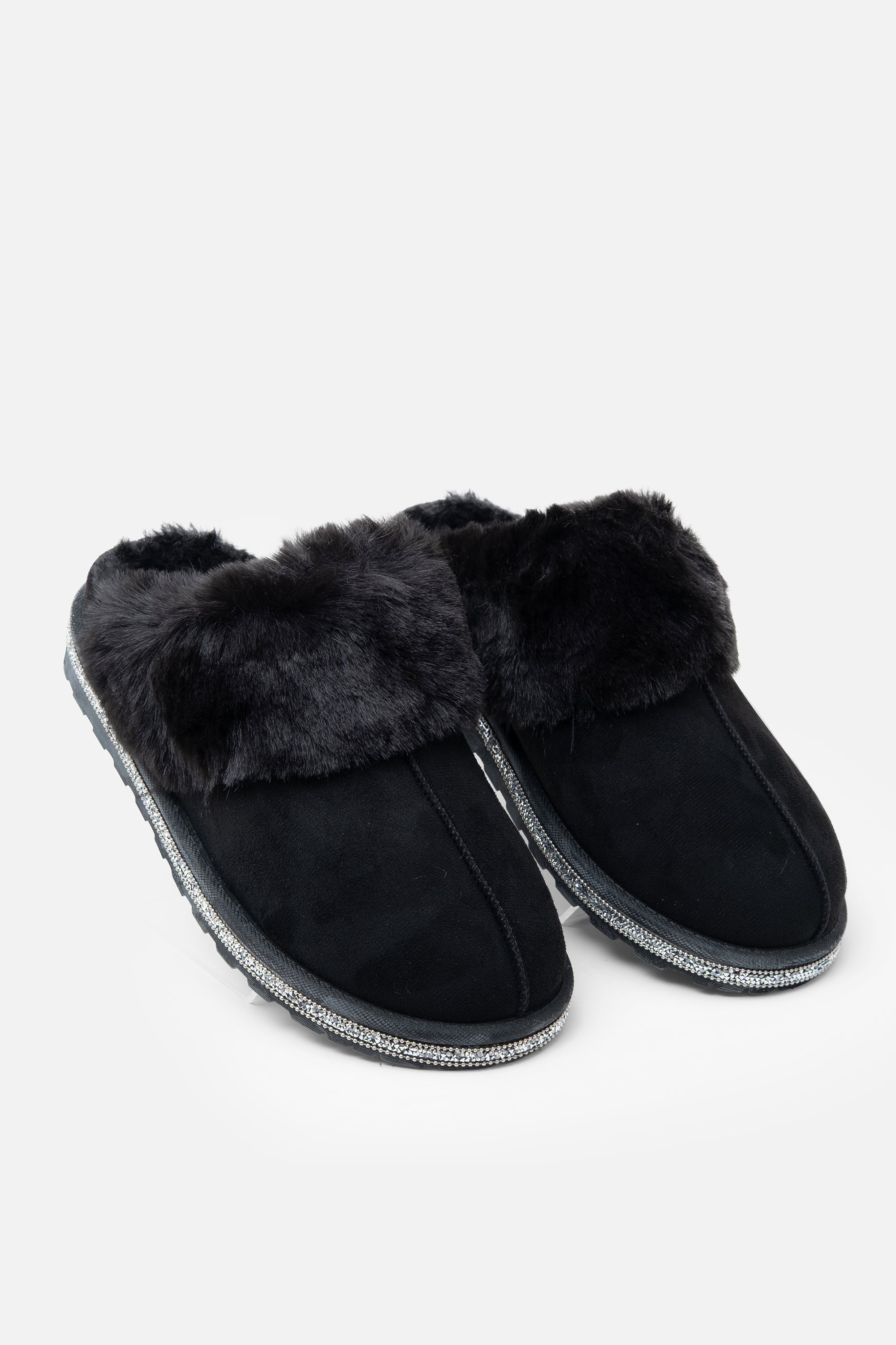 Sparkly Deluxe Snugg Slippers Black, featuring faux Fur Trim