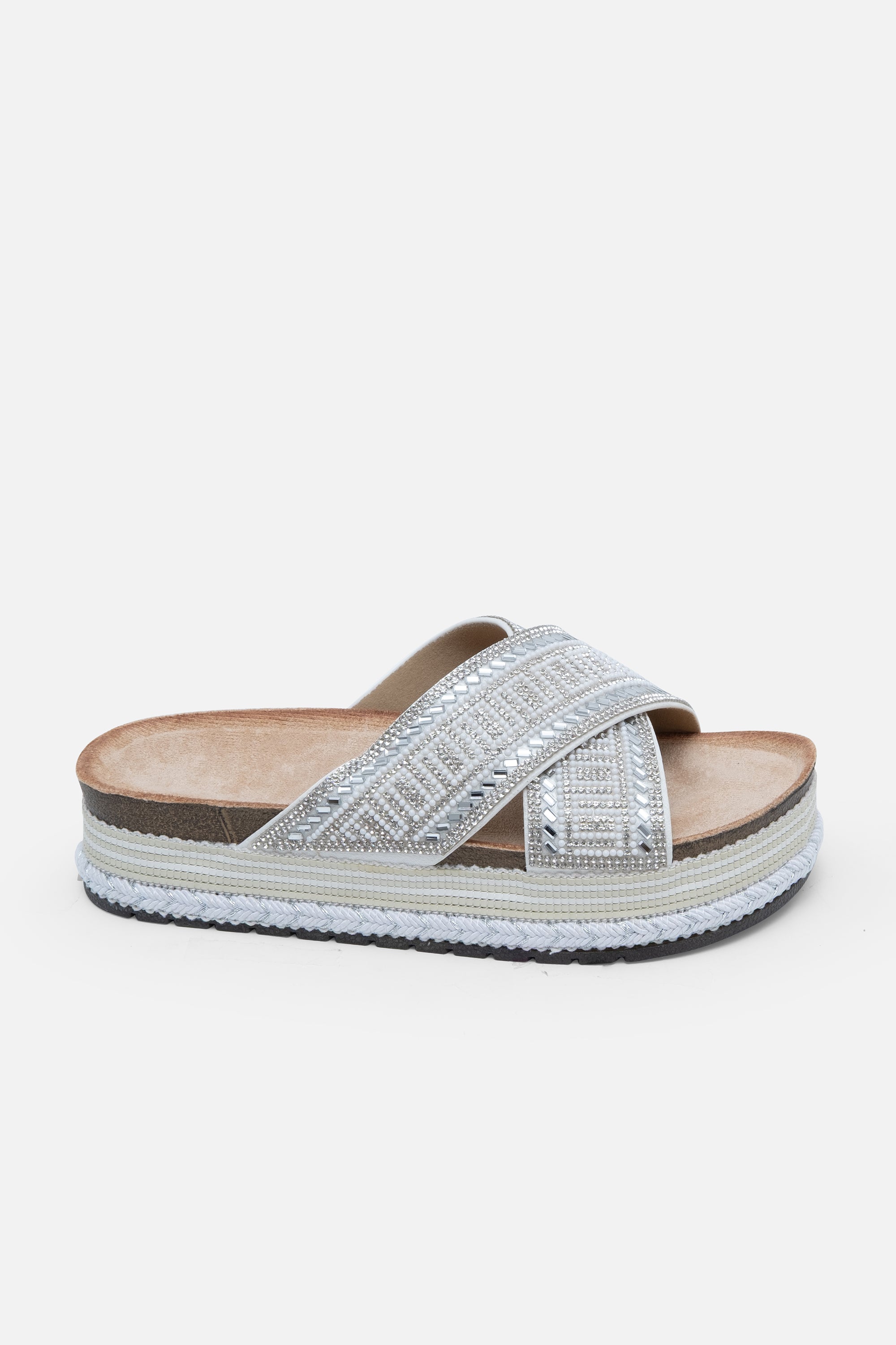 Crystal Shimmer Wedge Sliders Silver, showing material Weave Sole Design