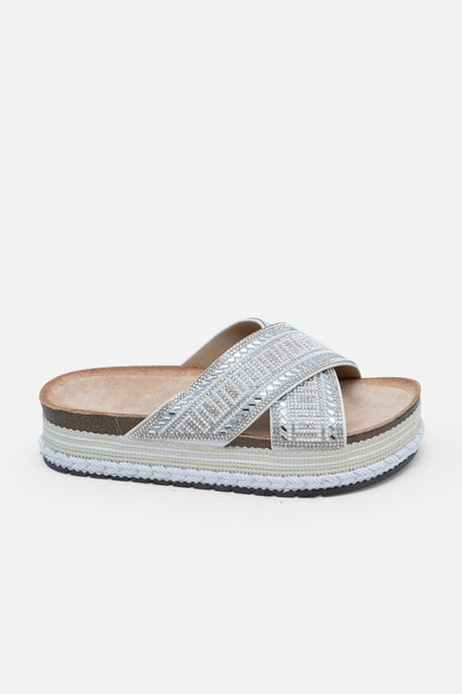 Crystal Shimmer Wedge Sliders Silver, showing material Weave Sole Design