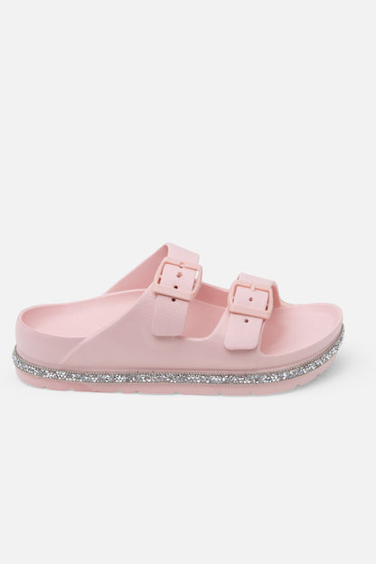 Crystal Trim Lightweight Double Strap Sliders Pink, with a closer look at the design details