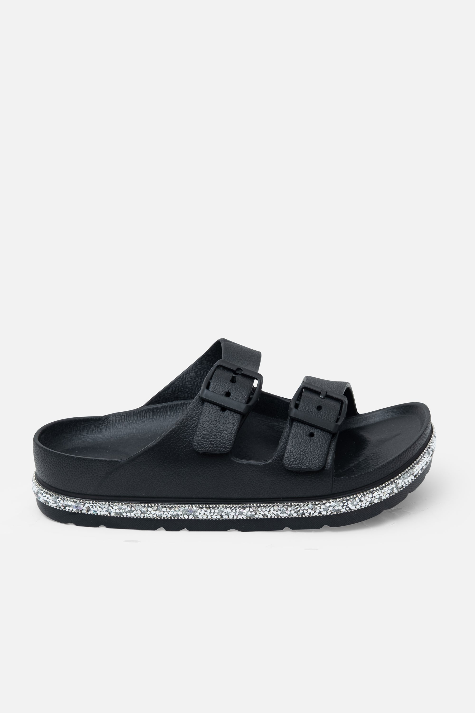Crystal Trim Lightweight Double Strap Sliders Black, shown from another angle