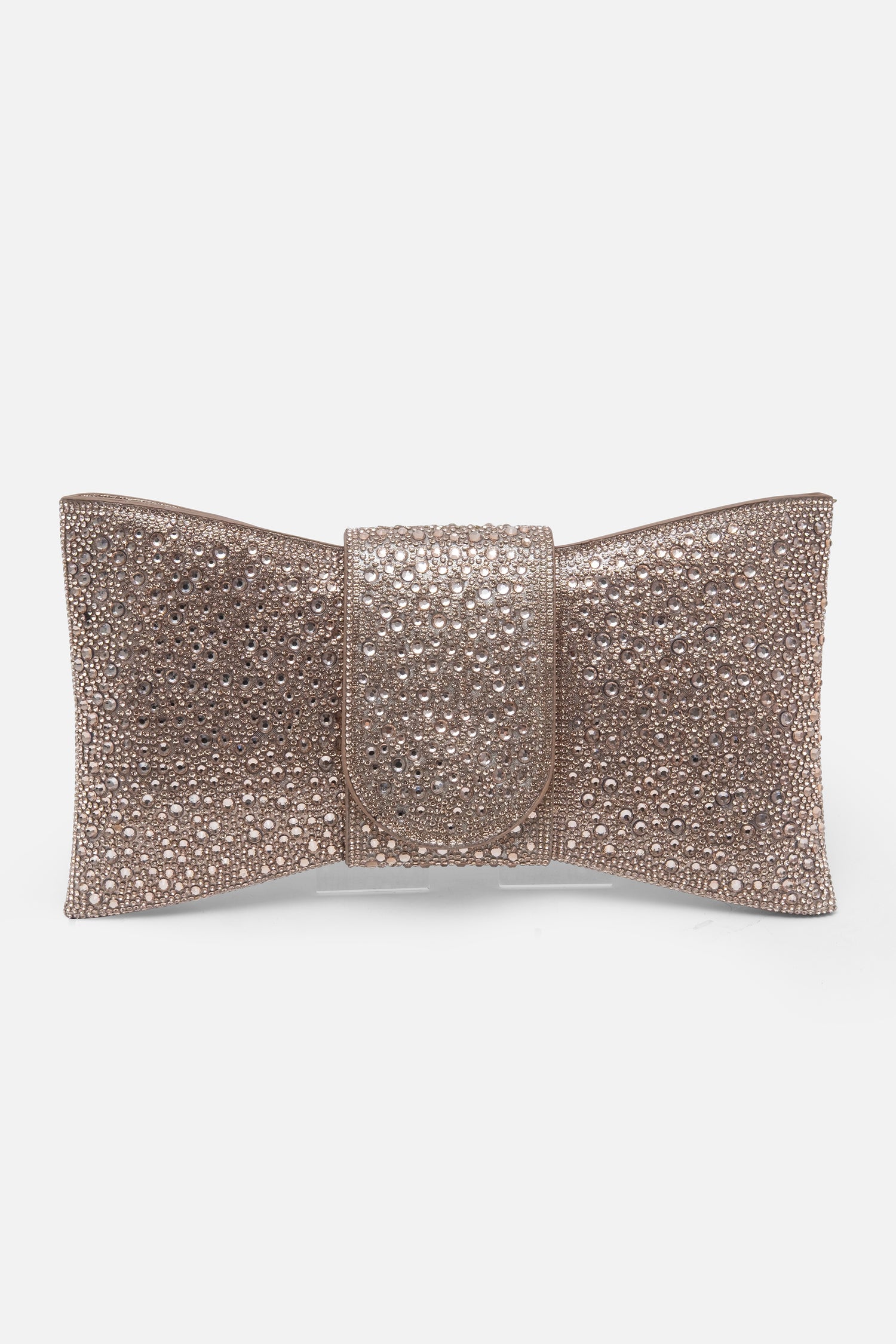 Crystal Luxe Bow Clutch Bag Rose Gold, drawing attention to magnetic flap fastening