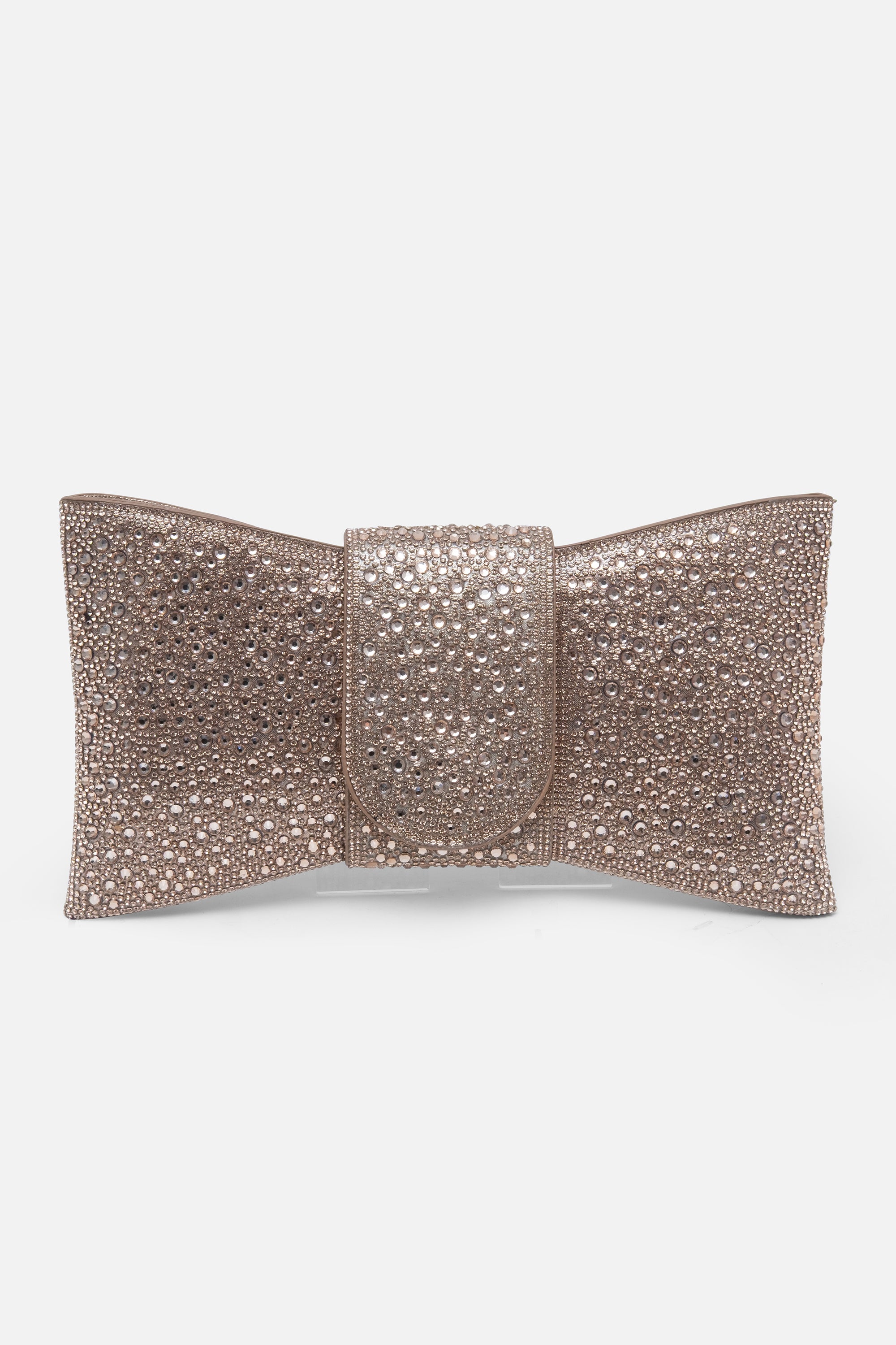 Crystal Luxe Bow Clutch Bag Rose Gold, drawing attention to magnetic flap fastening