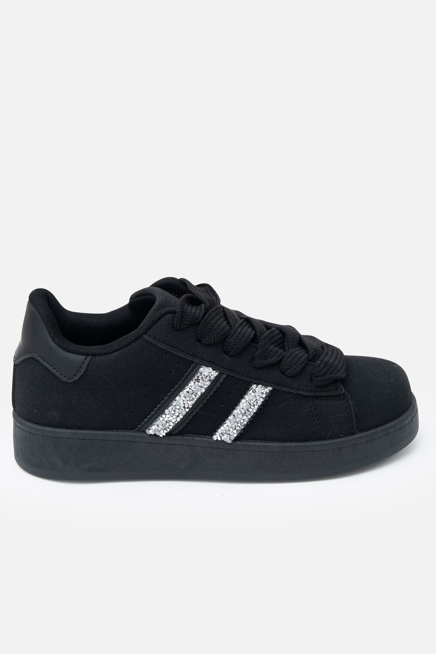 Crystal Stripe Trainers Exclusive Edition All Black, showcasing chunky laces for a bold, statement look