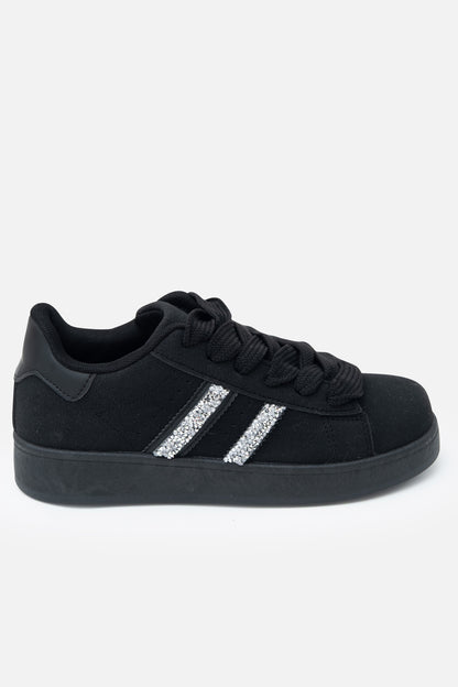 Crystal Stripe Trainers Exclusive Edition All Black, showcasing chunky laces for a bold, statement look