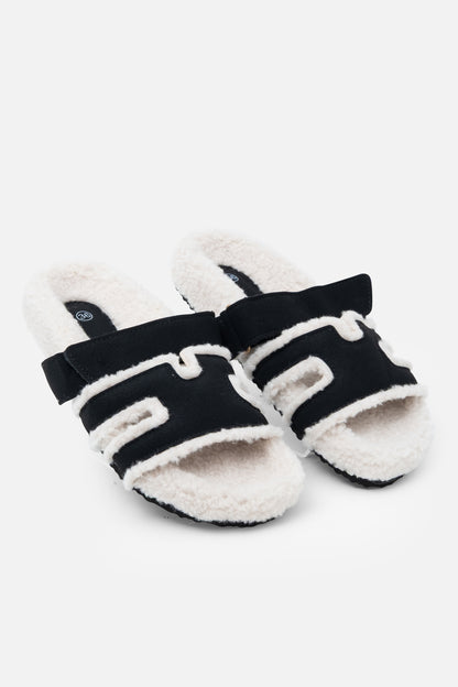 Snuggle Chic Slipper Sliders Black, featuring adjustable Velcro strap