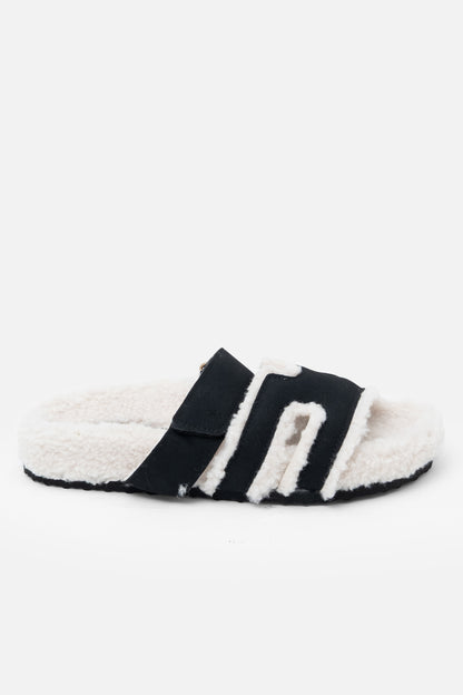 Snuggle Chic Slipper Sliders Black, featuring faux shearling lining &amp; suede-effect upper