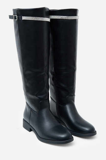 Crystal Reign Rider Calf Boots Black, featuring jet Black with silver glitter trim