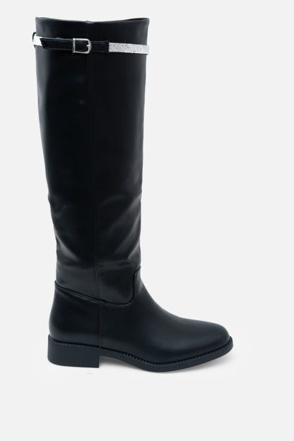 Crystal Reign Rider Calf Boots Black, drawing attention to non-slip rubber outsole